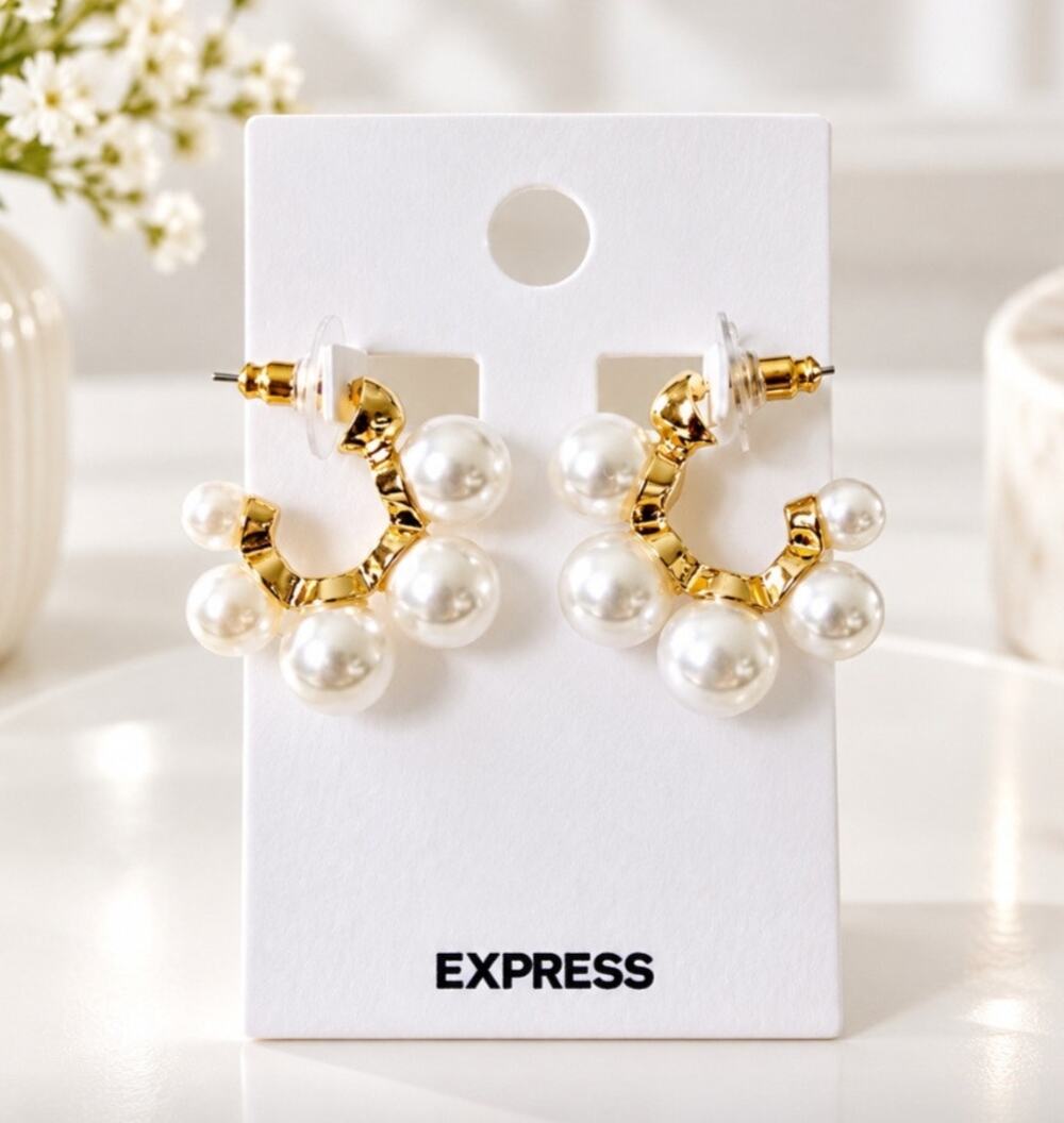 Express Gold Pearl Hoop Earrings New